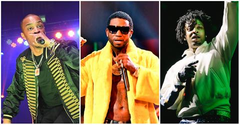 T.I. wears a green jacket with yellow tassels and holds a microphone on stage; Gucci Mane wears a yellow fur coat and raps on stage at the 2018 BET award; 21 savage wears a white zip-up jacket and holds a microphone in his hand.