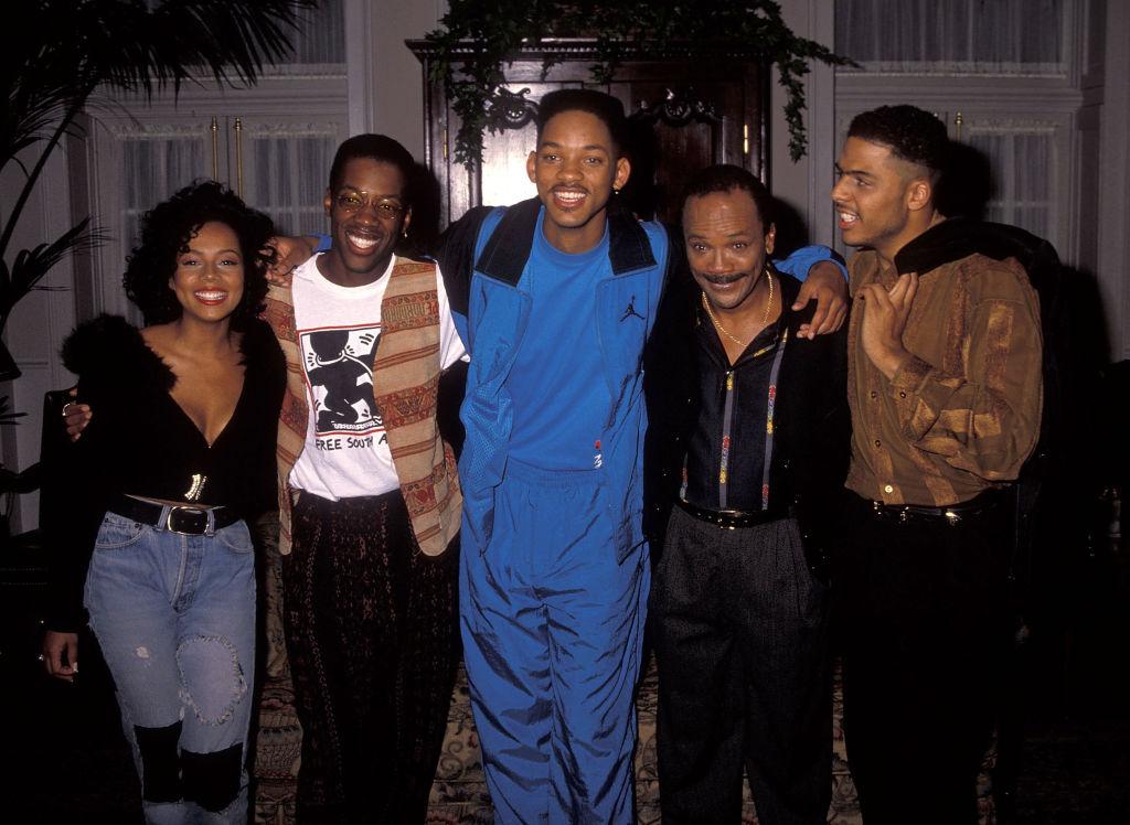 Singer Tyler Collins, actor Kadeem Hardison, actor Will Smith, music/television producer Quincy Jones and singer Al B. Sure! break from filming "The Fresh Prince of Bel-Air" 