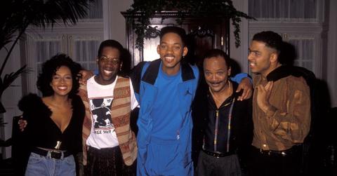 Singer Tyler Collins, actor Kadeem Hardison, actor Will Smith, music/television producer Quincy Jones and singer Al B. Sure! break from filming "The Fresh Prince of Bel-Air"