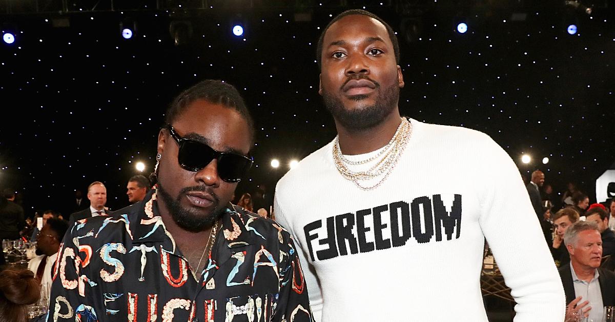 Wale (L) and Meek Mill attend the 2018 NBA Awards 