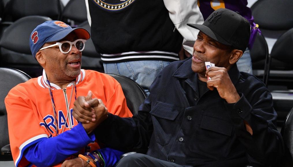 Spike Lee and Denzel Washington attend a basketball game between the Los Angeles Lakers and the New York Knicks at Crypto.com Arena