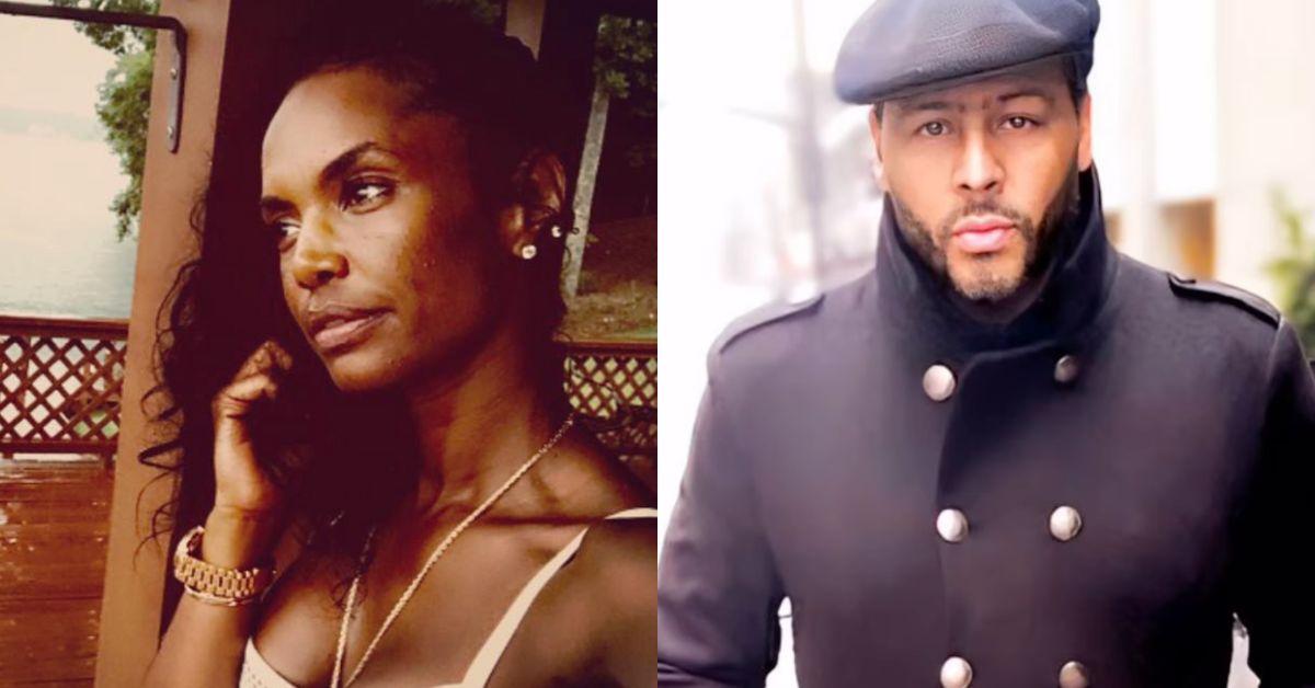 (left) Kim Porter posing in a photo looking off-camera (right) Al B. Sure posing in a coat outside