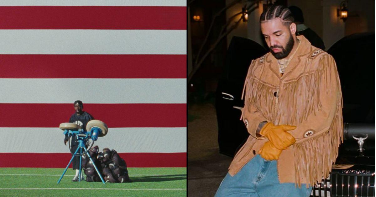 (left) Kendrick Lamar in the "Not Like Us" music video (right) Drake poses for a photo leaning up against a car wearing a fringe jacket