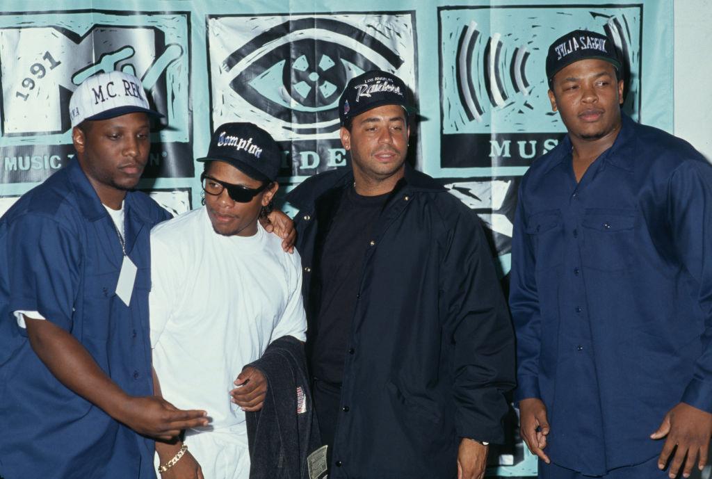 American hip hop group NWA (American rapper MC Ren, American rapper Eazy-E (1964-1995), American rapper DJ Yella, and American rapper Dr Dre) attend 8th Annual MTV Video Music Awards