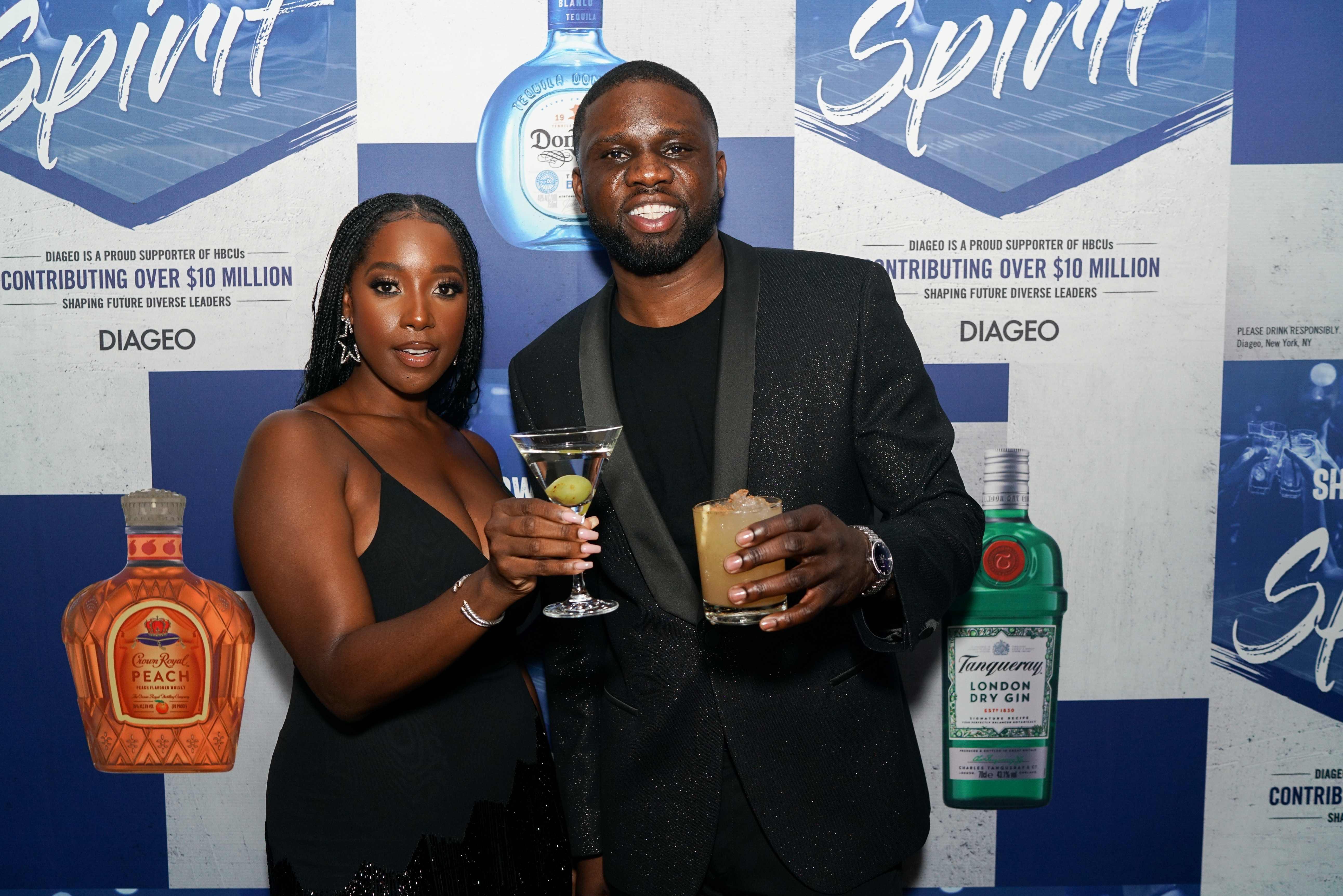 actress ashley blaine featherson jenkins and hbcu buzz founder luke anthony lawal jr toast to black excellence during hbcu homecoming with diageo and its brands ciroc crown royal tequila don julio and tanqueray