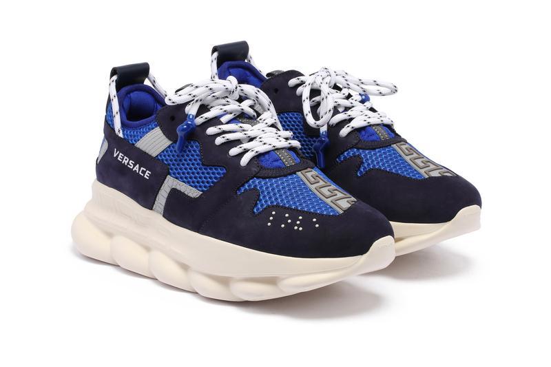 Versace Chain Reaction Mesh And Suede Trainers In Blue