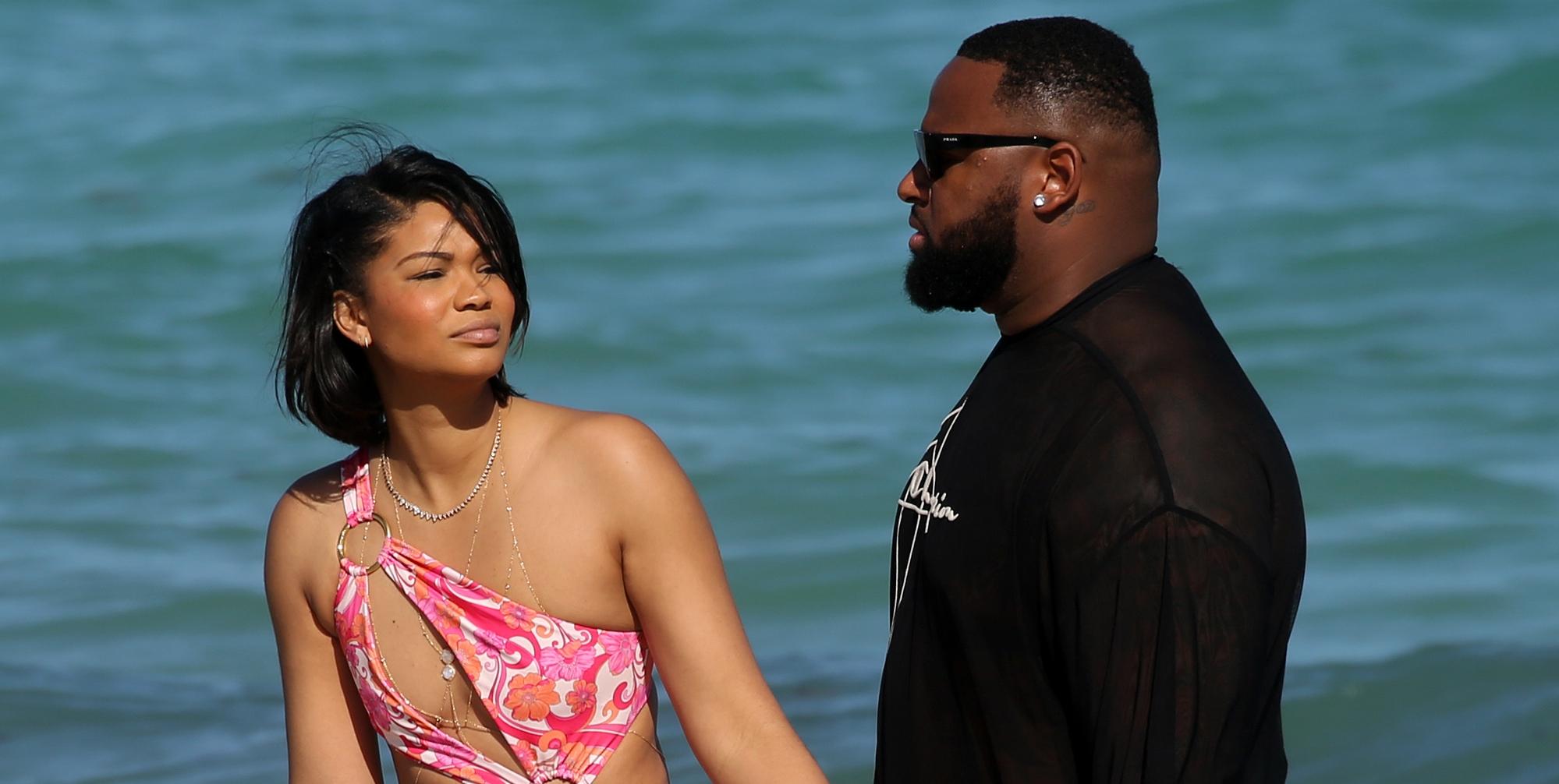 chanel iman and davon godchaux are seen on the beach