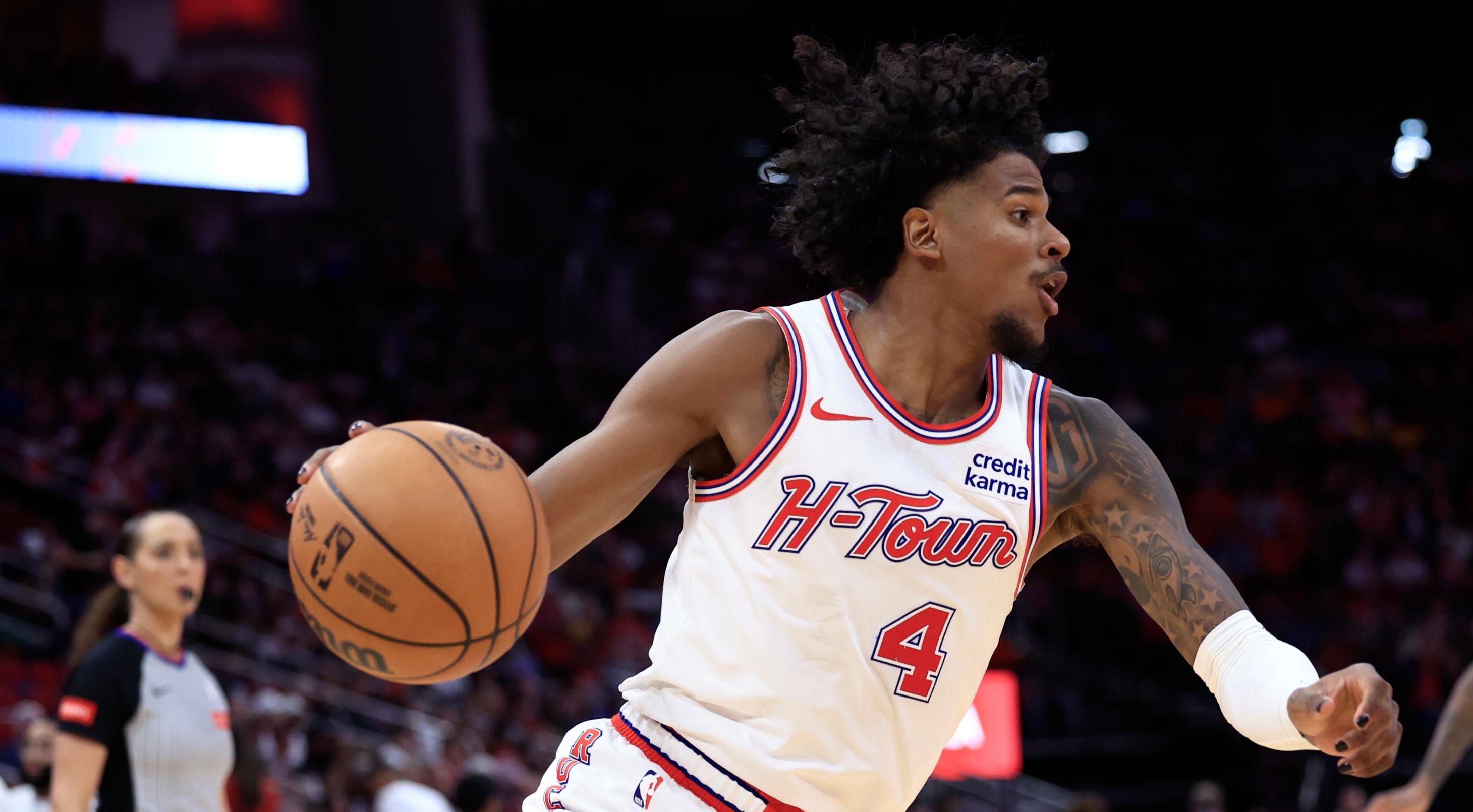 jalen green  of the houston rockets controls the ball against the oklahoma city thunder