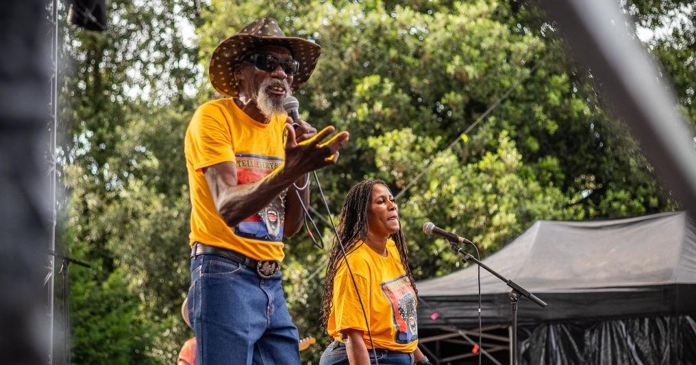 US singer and guitarist Robert Finley (L) performs during the Cognac Blues Passions music festival 