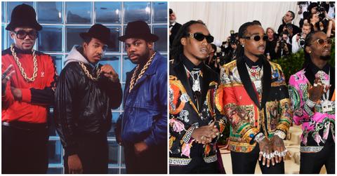 appers Run DMC photographed in New York. 1988; Take off, Quavo and Offset of the group Migos attend the Heavenly Bodies: Fashion & The Catholic Imagination Costume Institute Gala.