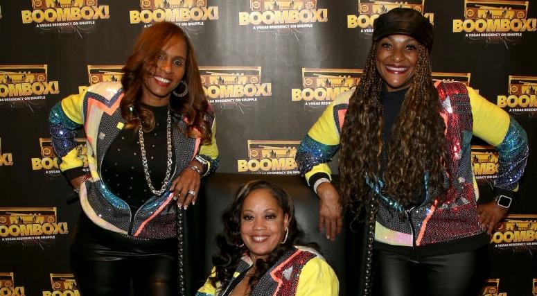 (L-R) Rappers Michelle "Sassy C" Franklin, Dania "Baby D" Birks, and Juana "MC J.B." Burns of J.J. Fad attend a meet and greet during the premiere of "Boombox!