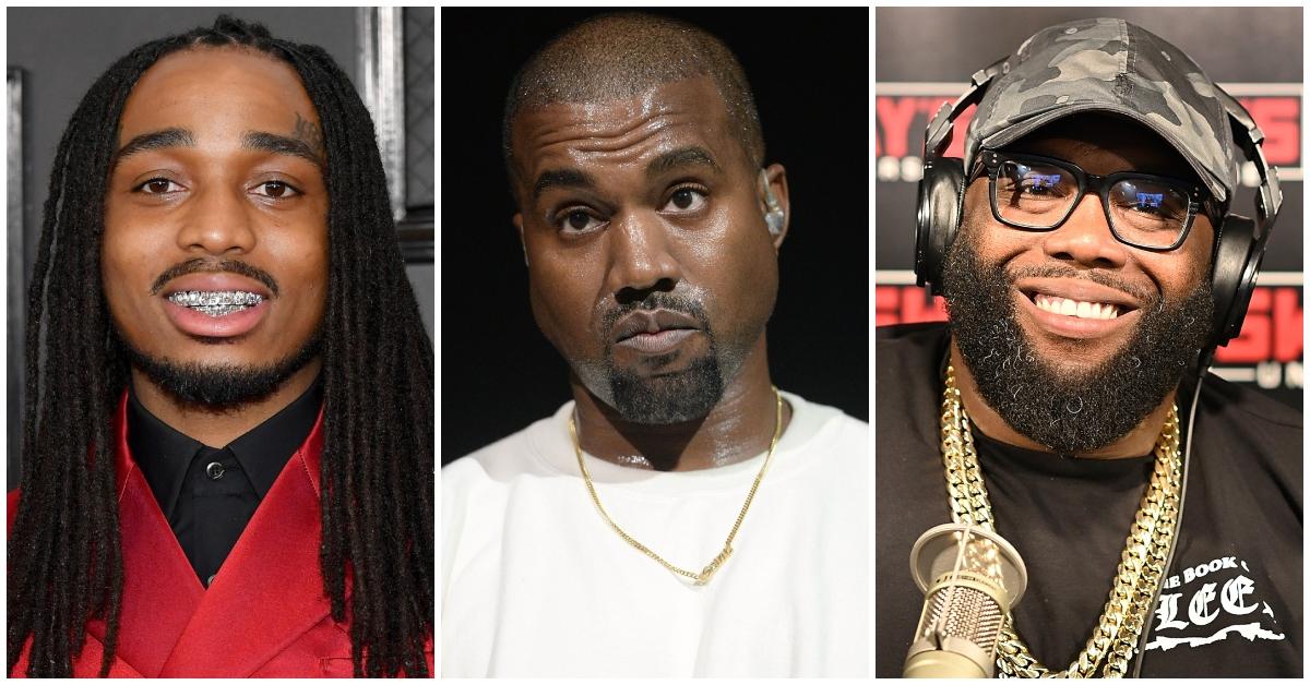Quavo wears a black button down shirt and red tuxedo at the 2020 GRAMMYs; Kanye West looks annoyed wearing a white t-shirt and gold chain; Killer Mike wears headphones and sits in front of a mic at Sirius XM. 