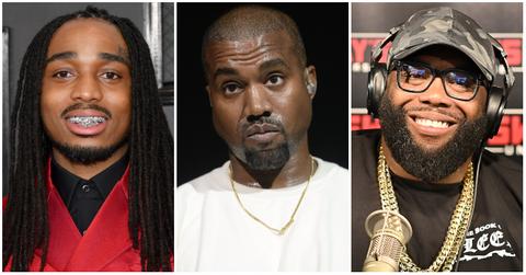 Quavo wears a black button down shirt and red tuxedo at the 2020 GRAMMYs; Kanye West looks annoyed wearing a white t-shirt and gold chain; Killer Mike wears headphones and sits in front of a mic at Sirius XM.