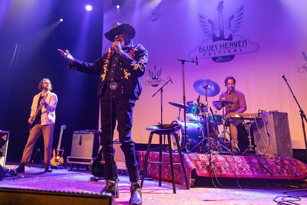  (L-R) Josh Cornoyer, Robert Finley and Aaron Goodrich perform on stage at the Bluesheaven Festival.