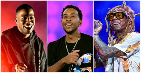 Kid Cudi in a black hoodie on stage with red light; ludacris with microphone; Lil Wayne holding a microphone on stage.