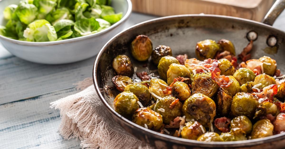 fried brussels sprout with roasted bacon and parmesan cheese