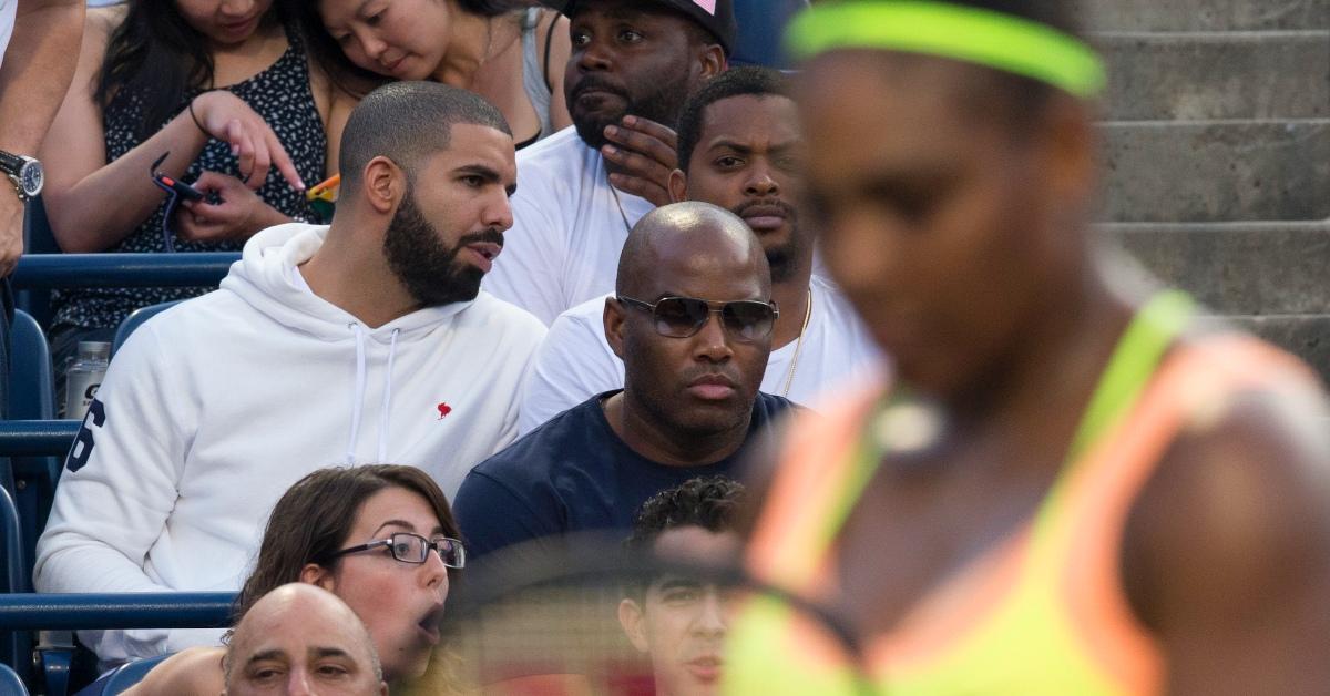 drake hoodie and beard sits courtside for serena williams usa