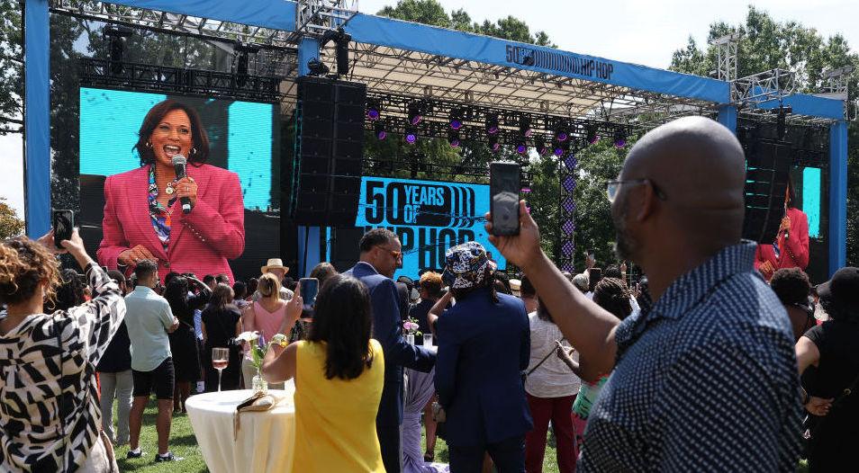 Guest watch as U.S. Vice President Kamala Harris delivers remarks at an event celebrating the 50th anniversary of Hip Hop.