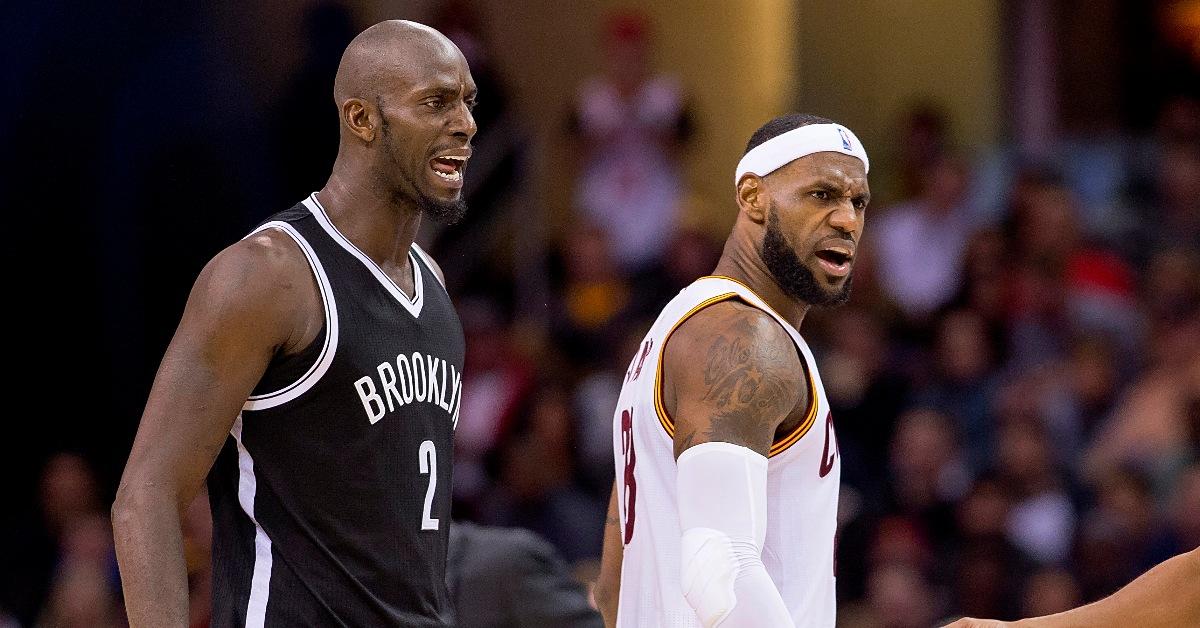 Kevin Garnett #2 of the Brooklyn Nets and LeBron James #23 of the Cleveland Cavaliers, Miami Heat v Brooklyn Nets