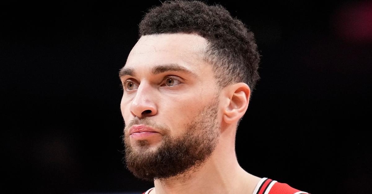 Zach LaVine #8 of the Chicago Bulls looks on against the Toronto Raptors 