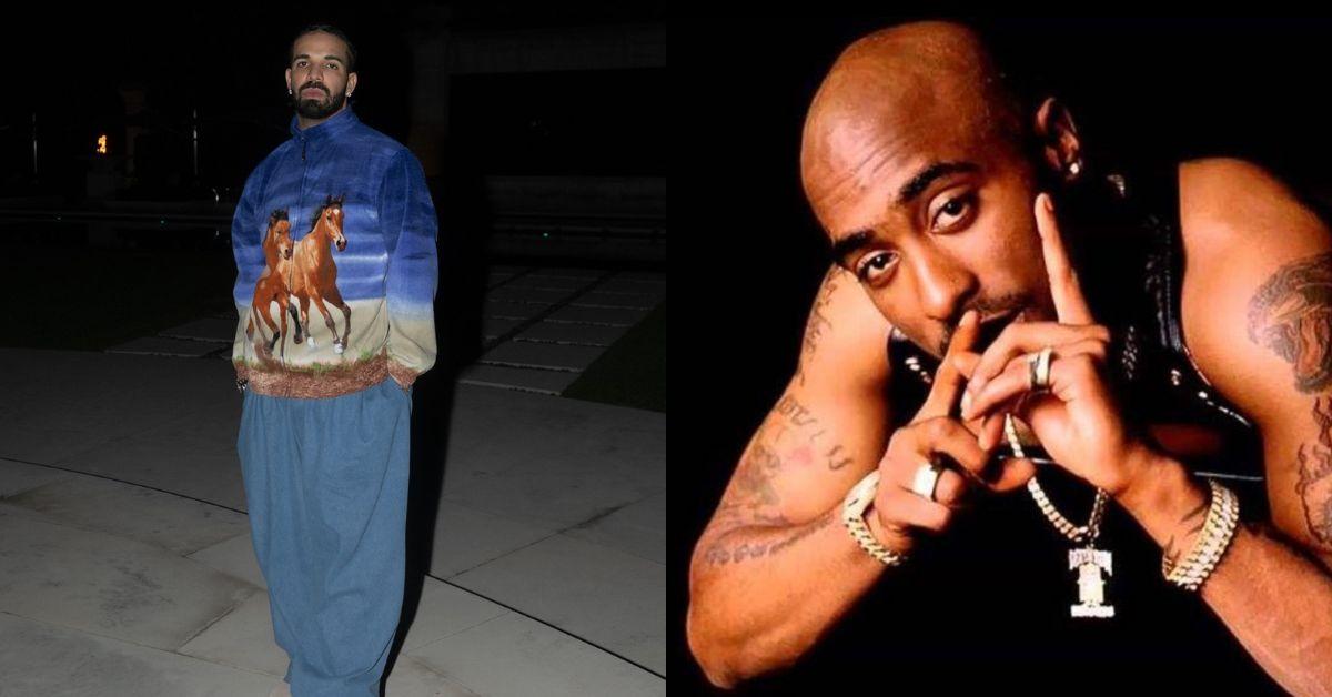 (left) Drake poses for a photo at night with his hands in his pocket (right) Tupac poses for his 'All Eyez On Me' album cover