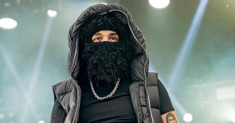 Yeat wears a black, fuzzy ski mask and performs at Ruisrock Festival 2023 at Ruissalo Island on July 9, 2023 in Turku, Finland.
