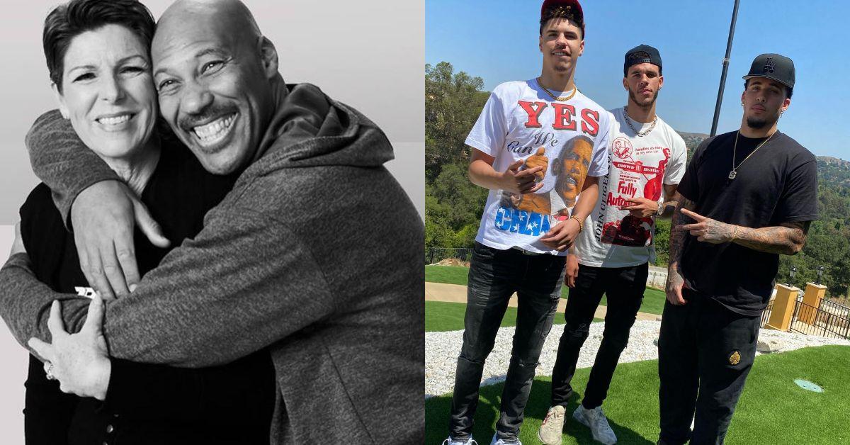 (left) Tina and LaVar Ball embrace in a black and white photo (right) LaMelo, Lonzo, and LiAngelo Ball pose for a photo together