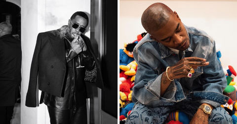 Sean "Diddy" Combs smoking a cigar (left); Scott "Kid Cudi" Mescudi smoking a joint