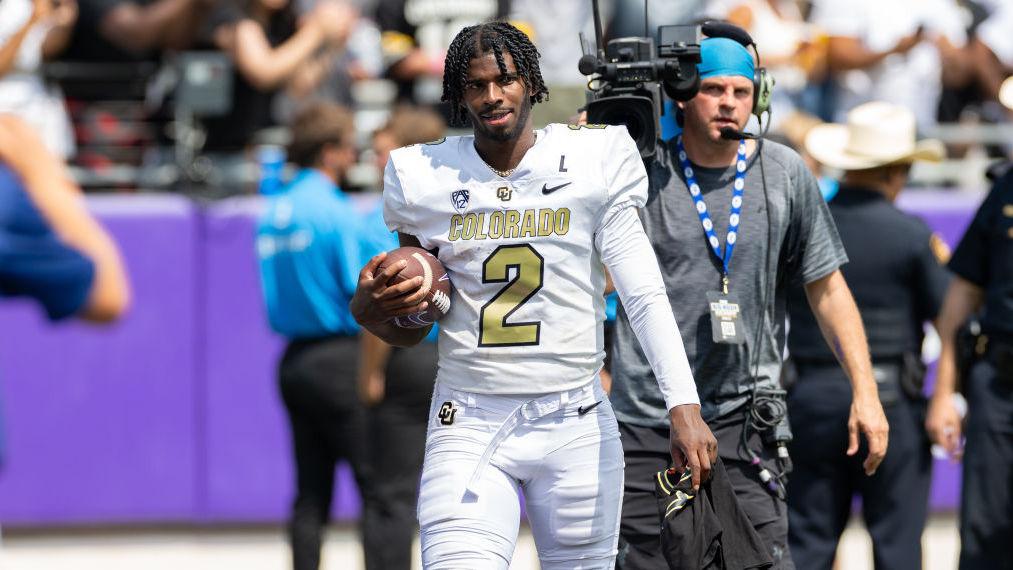 Colorado Buffaloes quarterback Shedeur Sanders (#2) walks off the field during the college football game between the Colorado Buffaloes and TCU Horned Frogs