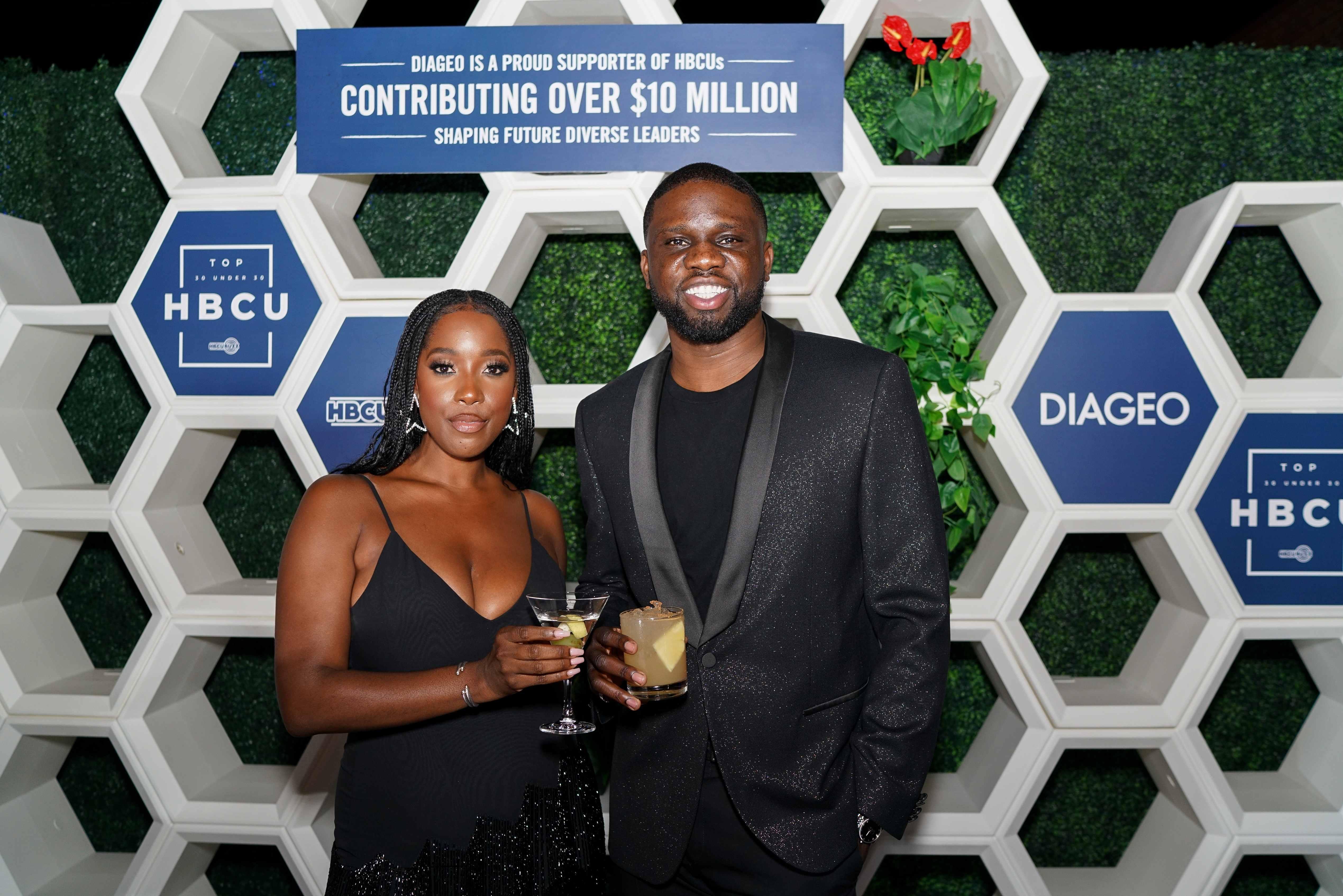 actress ashley blaine featherson jenkins and hbcu buzz founder luke anthony lawal jr toast to black excellence during hbcu homecoming with diageo and its brands ciroc crown royal tequila don julio and tanqueray
