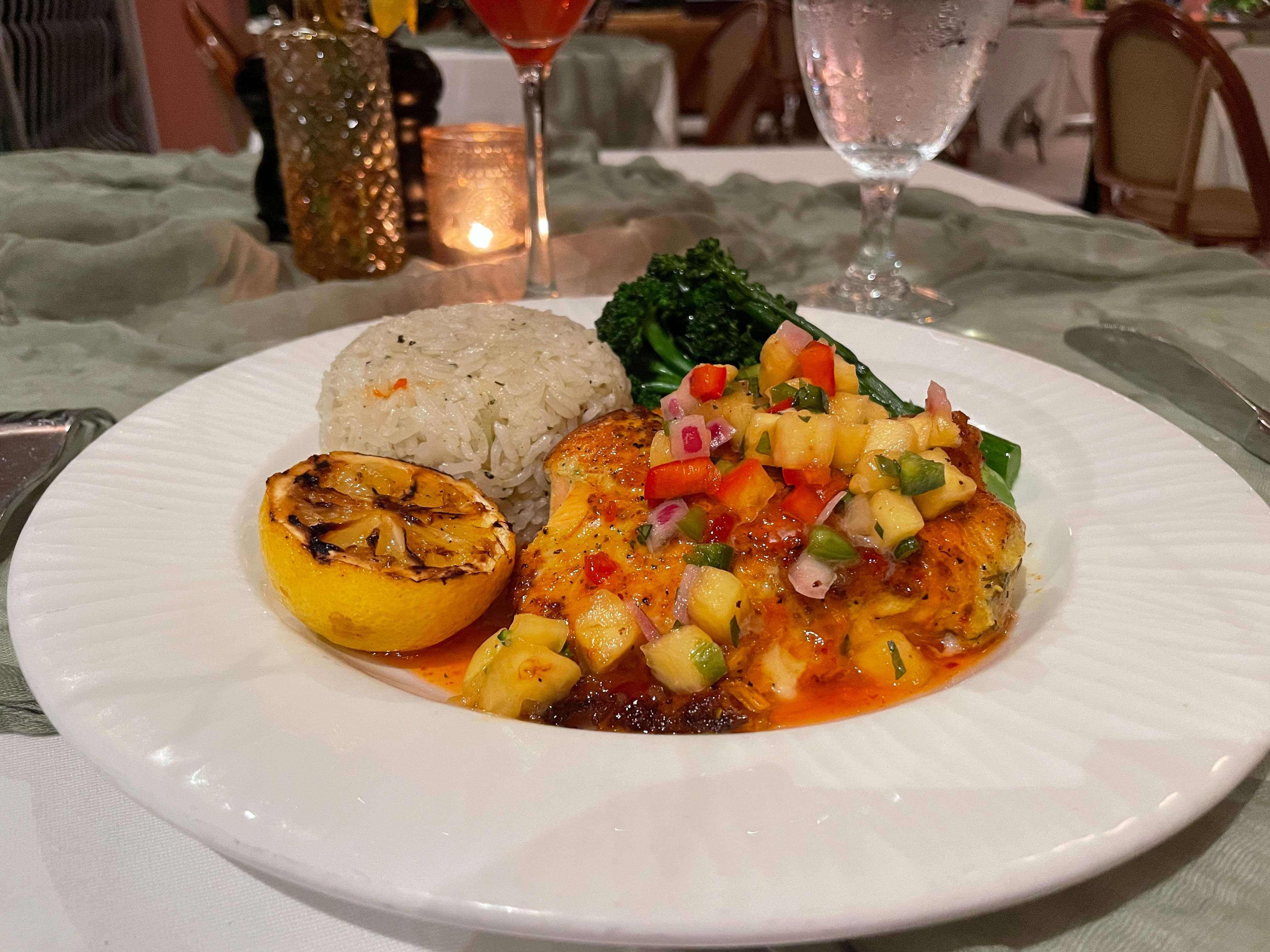 pan seared salmon with chili lime glaze and pineapple salsa at the terrace compressed