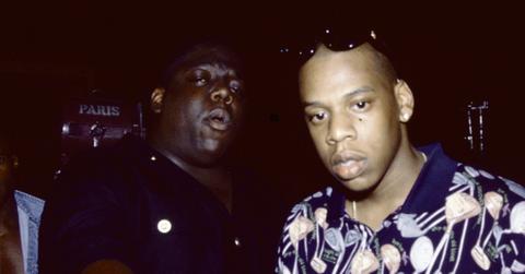 The Notorious B.I.G. and Jay-Z pose for a candid photo at a party in 1997.