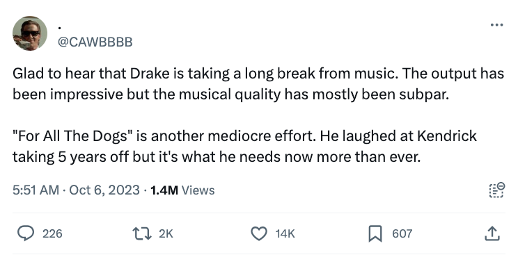 Tweet that says: "Glad to hear that Drake is taking a long break from music. The output has been impressive but the musical quality has mostly been subpar.  'For All The Dogs' is another mediocre effort. He laughed at Kendrick taking 5 years off but it's what he needs now more than ever."