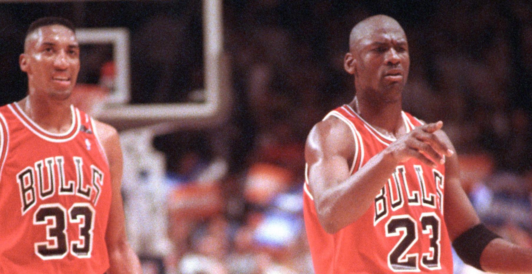 scottie pippen and chicago bulls  michael jordan courtside during chicago bulls vs new york knic