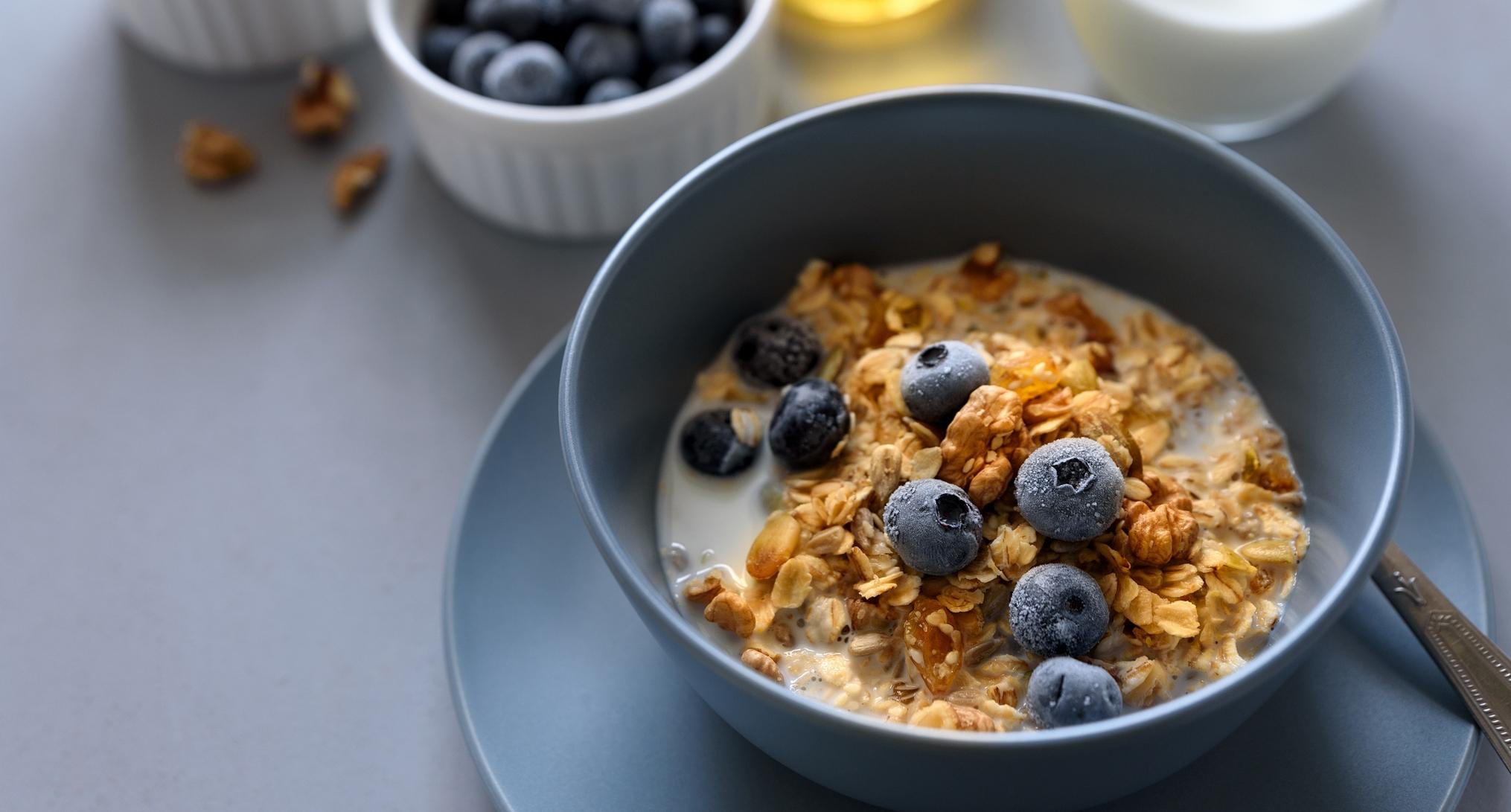 granola bowl oatmeal porridge with blueberry honey and milk on gray table