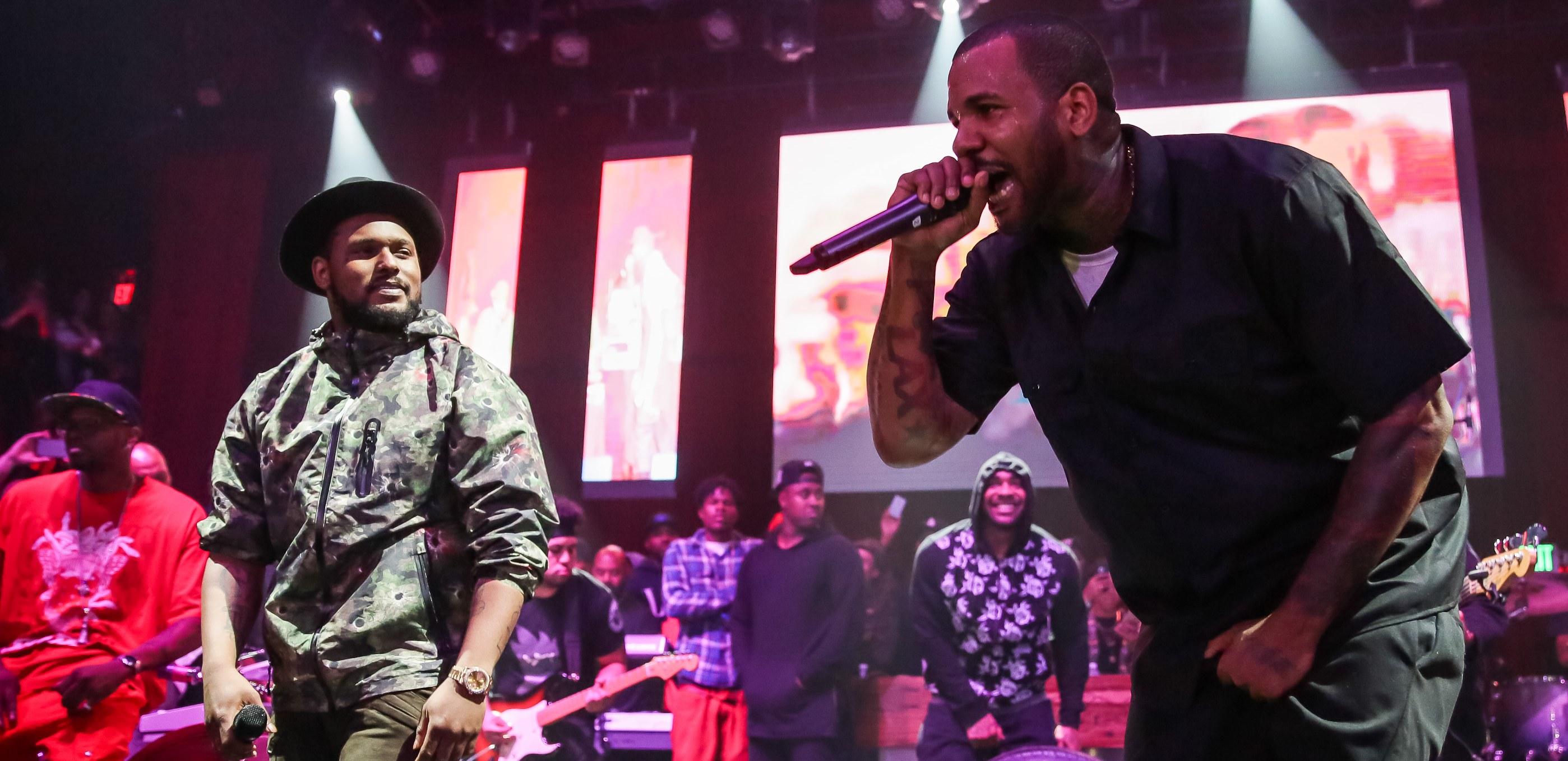 schoolboy q l and rapper the game on stage at the documentary