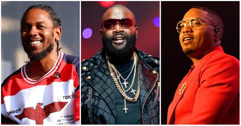 Kendrick Lamar performs live on stage during day two at the Barclaycard Presents British Summer Time Festival; Rapper Rick Ross performs onstage wearing a black leather jacket; Rapper Nas performs in concert during 'The Royalty Tour' at Cellairis Amphitheatre.