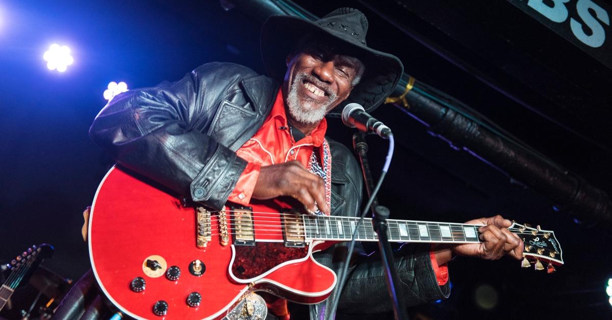 American Blues musician Robert Finley plays guitar as he performs with the Music Maker Blues Revue during the 2016 GlobalFest on at Webster Hall's Studio stage