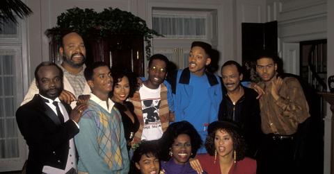 Actor Joseph Marcell, actor James Avery, actor Alfonso Ribeiro, singer Tyler Collins, actor Kadeem Hardison, actor Will Smith, music/television producer Quincy Jones, singer Al B. Sure!, actress Tatyana Ali, actress Janet Hubert and actress Karyn Parsons break from filming "The Fresh Prince of Bel-Air" on October 20, 1990