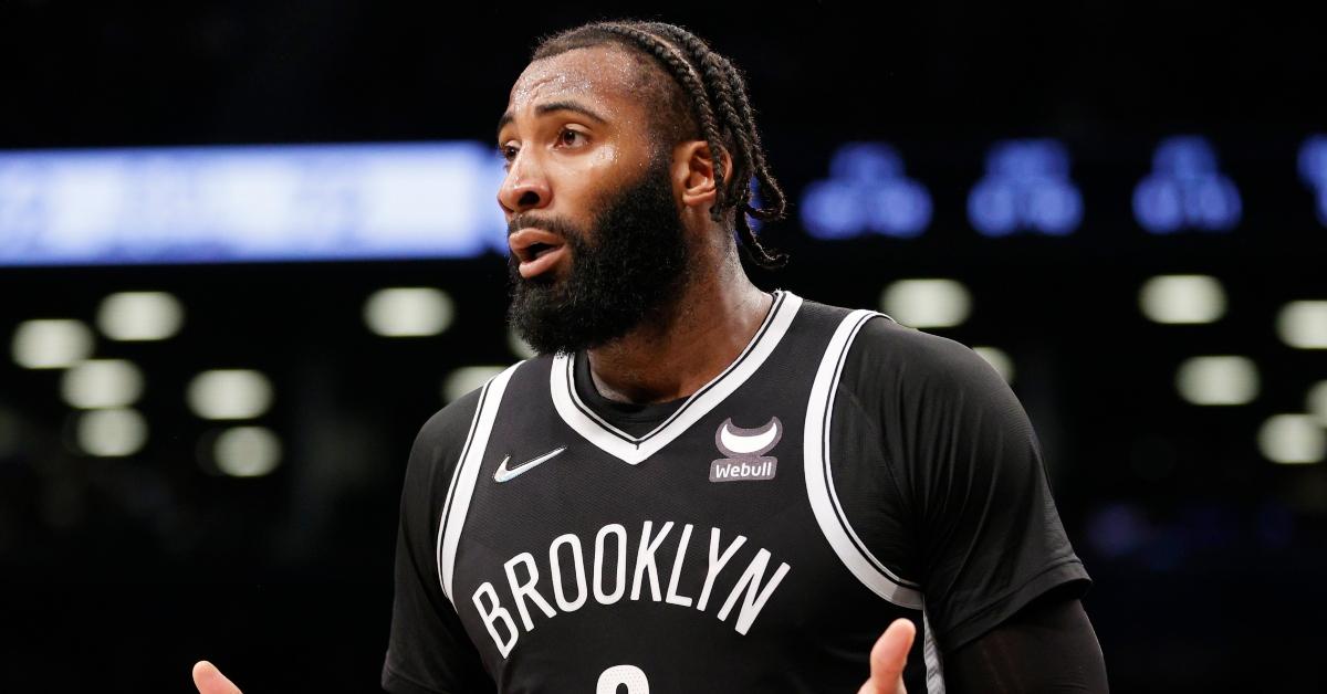 Andre Drummond #0 of the Brooklyn Nets reacts during the second half of the Eastern Conference 2022 Play-In Tournament against the Cleveland Cavaliers.