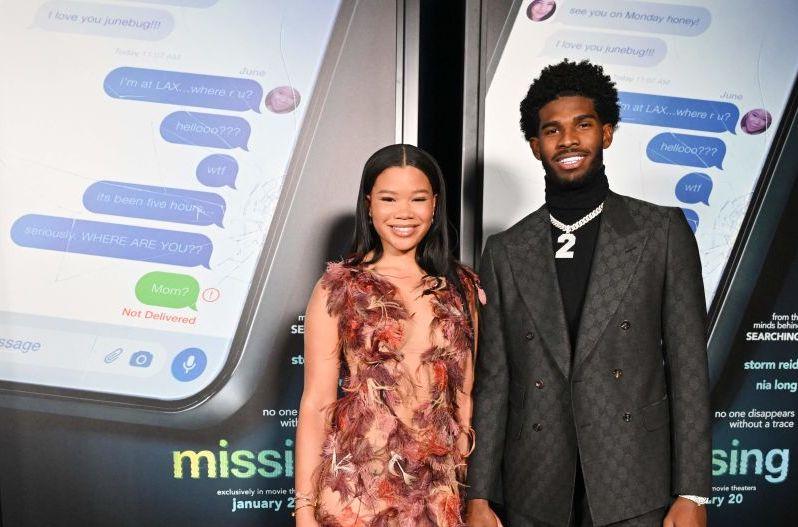 US actress Storm Reid and football quarterback Shedeur Sanders attend the Los Angeles premiere of "Missing" 