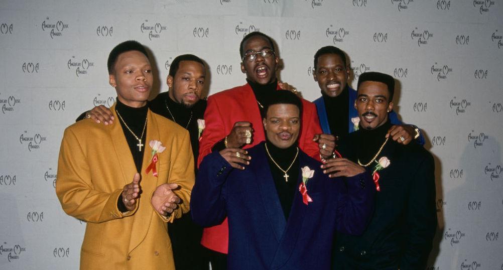 From left to right "New Edition" band members Ronnie DeVoe, Michael Bivins, Ricky Bell, Bobby Brown, Johnny Gill and Ralph Tresvant attend the 21st Annual American Music Awards at Shrine Auditorium in Los Angeles, California.