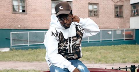 HDBeenDope wearing a sweatshirt with the face of a dog.