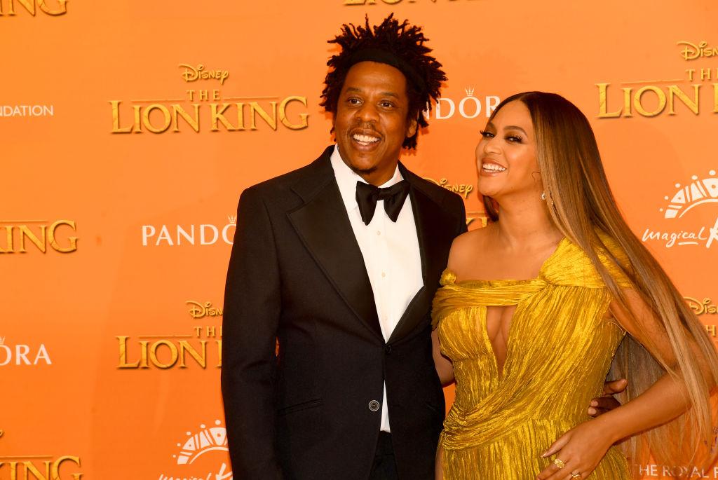 Jay Z and Beyonce Knowles-Carter attend "The Lion King'' European Premiere.