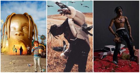 Album covers for Travis Scott's albums 'Astroworld,' 'Birds in the Trap Sing McKnight,' and 'Rodeo.'