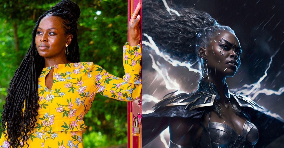 (left) Yetide Badaki poses for a photo outside (right) fan made ai photo of Yetide as Storm