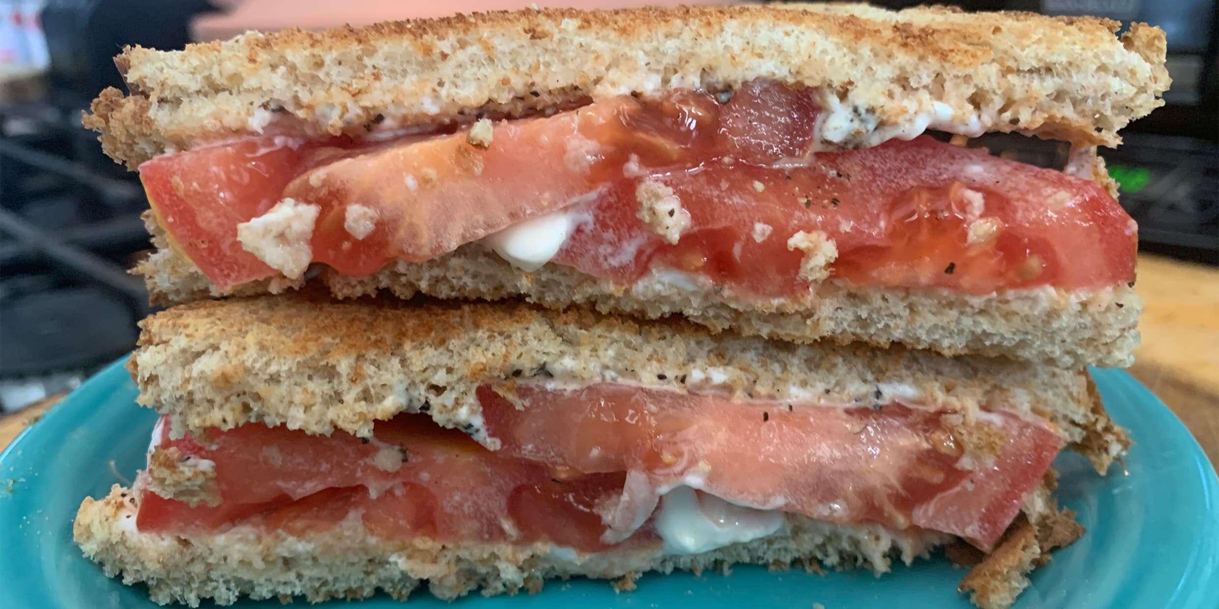 Tabitha Brown's popular tomato sandwich plated.