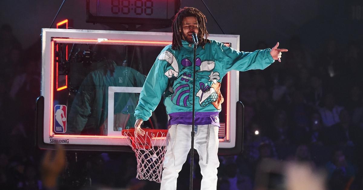 J. Cole performs at halftime during the 68th NBA All-Star Game at Spectrum Center 