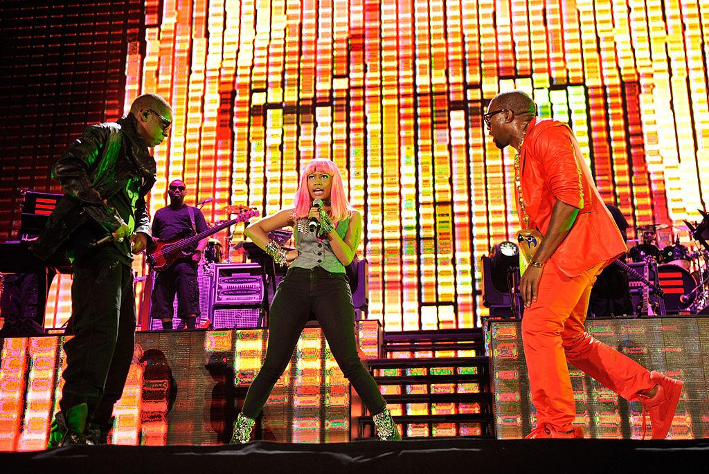 Jay-Z, Kanye West and Nicki Minaj perform at Yankee Stadium in New York, New York.