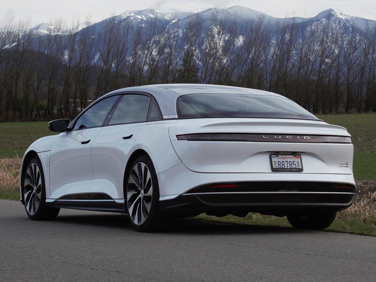 jdp lucid air grand touring white rear quarter view